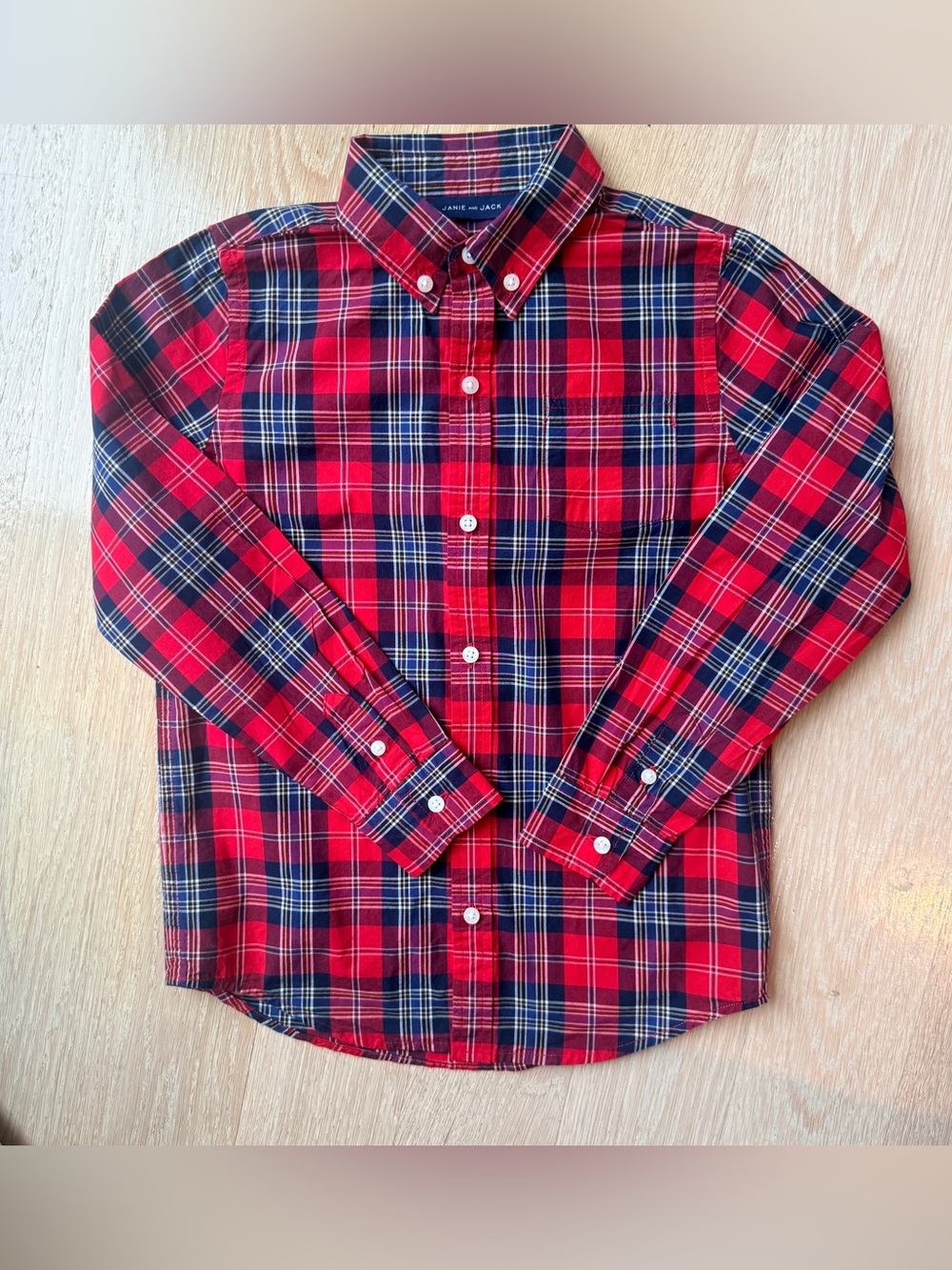 Janie and Jack Button-Down Holiday Plaid Kids Shirt - Red/Navy - Size 7